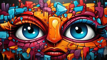 AI generated illustration of vibrant graffiti art of a woman with big blue eyes
