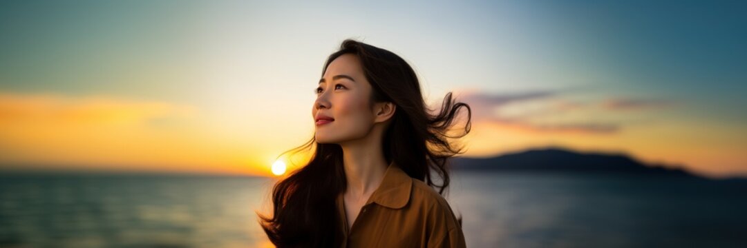 Young Asian woman looking at sunset sky