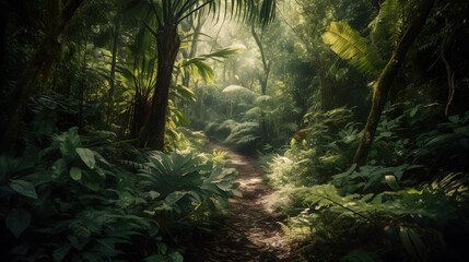 Winding path through the mysterious jungle, tall trees, dappled sunlight. Exploration and uncovering the rainforest's hidden wonders.