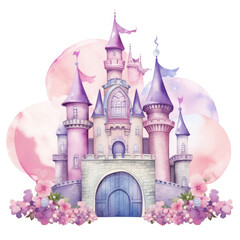 Cute watercolor princess castle Illustration, Generative Ai