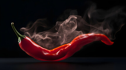 Smoky, very spicy red chili pepper on a black background. Close-up. Fiery and vibrant. - obrazy, fototapety, plakaty