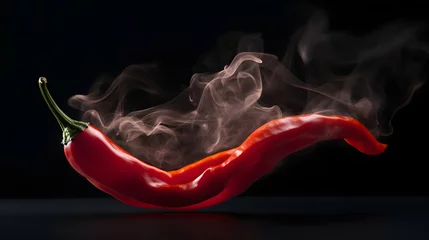 Fotobehang Smoky, very spicy red chili pepper on a black background. Close-up. Fiery and vibrant. © Piotr