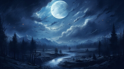 Enchanting Midnight Landscape with Luminous Full Moon Over Tranquil River - Harnessing Generative AI Artistry