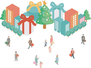 アイソメトリック　冬　クリスマス　人物　街並み　ファミリー　キッズ　シンプル　イラスト素材