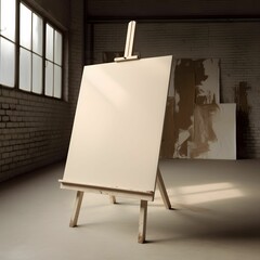 AI generated illustration of a wooden easel with a blank canvas in an artist workshop