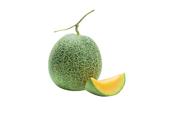 whole and sliced of Japanese melon, honey melon or cantaloupe  on transparent background. Clipping Path.