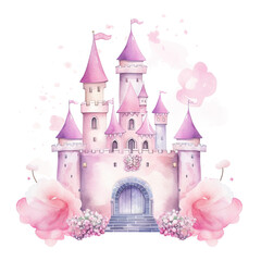 Cute watercolor princess castle Illustration, Generative Ai