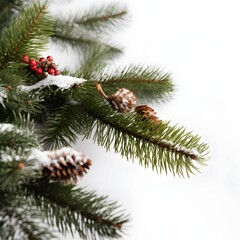 AI generated illustration of pine tree branches with pinecones and snow on a white background