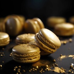 AI generated illustration of a pile of gourmet sparkling golden macarons