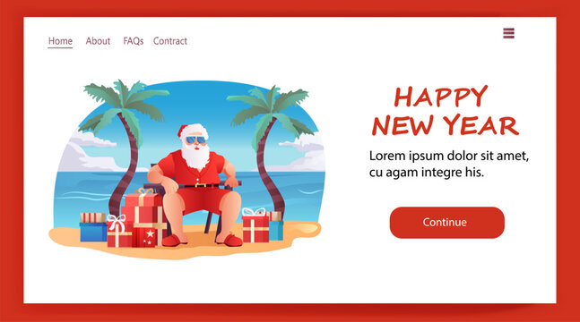santa claus in hat sitting in armchair at tropical sea beach with palms christmas eve holiday happy new year celebration template horizontal