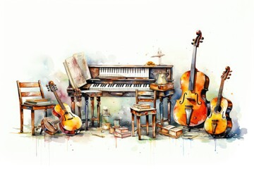 Music Instrument Watercolor Set - obrazy, fototapety, plakaty