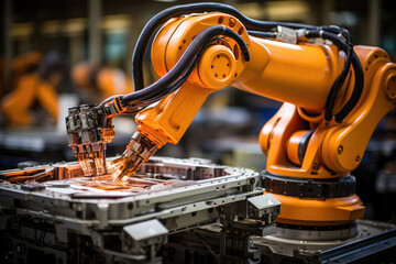 Orange robotic arm performing welding tasks with precision on an automotive manufacturing line, exemplifying modern industrial automation.