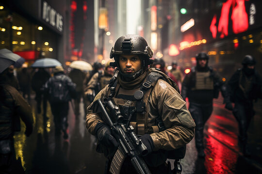 A focused soldier in tactical gear stands ready on a rain-drenched city street during a night-time urban patrol.