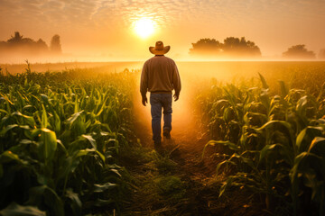 Fototapeta premium Rear view of a farmer at dawn while walking through a dew-kissed corn field towards distant grain silos, depicting rural life and agriculture