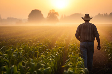 Fototapeta premium Rear view of a farmer at dawn while walking through a dew-kissed corn field towards distant grain silos, depicting rural life and agriculture