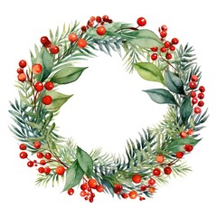Fototapeta premium Christmas wreath of red berries and spruce branches. Watercolor illustration