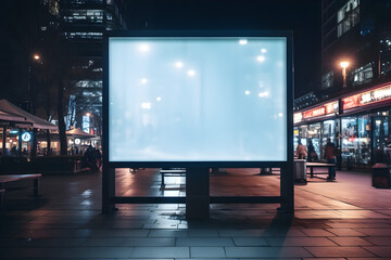 blank billboard mock-up showcased at store street window in a city at night - obrazy, fototapety, plakaty