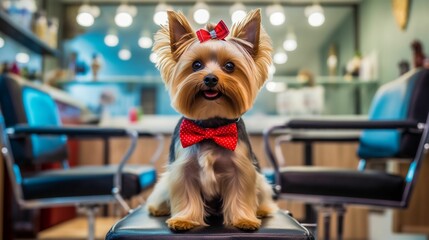 AI generated illustration of adorable dog dressed up for a hairdo, wearing red bow tie