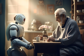 Future robots in the intelligent hospital provide elderly care, offering concept-based artificial intelligence and consultancy services for healthcare, - obrazy, fototapety, plakaty