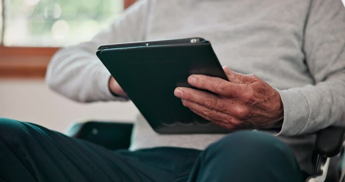 Senior, hands and man with tablet on internet for social media, web scroll or communication in living room. Elderly, person and touchscreen for digital search, reading news or information in lounge