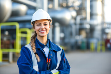 A portrait of smiling caucasian female engineer at an oil refinery. Overseeing operations, maintaining safety standards, and ensuring the efficient distillation of petroleum products - obrazy, fototapety, plakaty