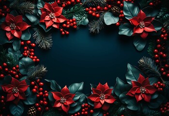 Festive Christmas background of paper flowers and berries decorations, AI-generated.