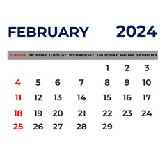 Monthly calendar template for 2024 year - February 2024 year, Week Starts on Sunday, Desk calendar 2024 design, Wall calendar, planner design, stationery, printing media, red background, vector