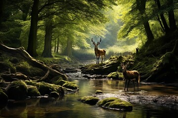 AI generated illustration of white-tailed deer congregating near a tranquil stream
