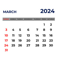 Monthly calendar template for 2024 year March 2024 year, Week Starts on Sunday, Desk calendar 2024 design, Wall calendar, planner design, stationery, printing media, red background, vector