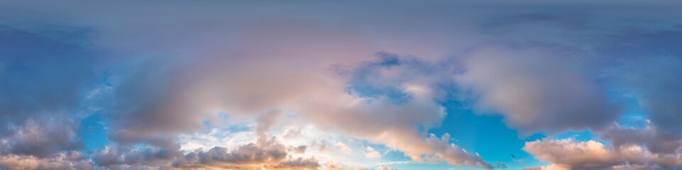 Full zenith sunset sky panorama with pink Cumulus clouds in seamless hdr equirectangular format,...