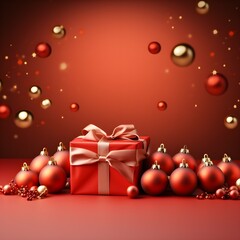 Fototapeta premium Christmas background, red Christmas background with giftboxes and baubles