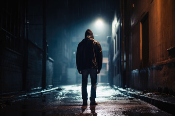 View from behind of a man standing in a dark alley at night. Concept of fear, suspense, thriller, and horror and suicide - obrazy, fototapety, plakaty