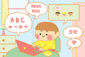 The kid use Desktop for learning and internet for comfortable in his life, illustration cartoon style.