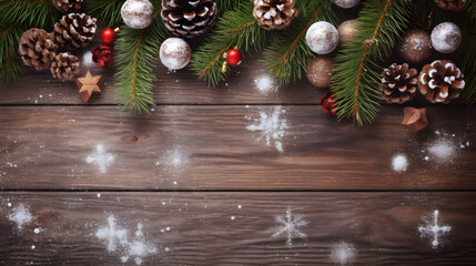 Christmas decoration accessories with snow a wooden background copy space