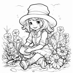 AI generated illustration of a blank sketch of a young girl in a field of flowers