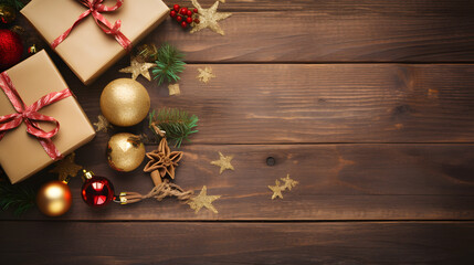 Christmas decoration accessories with a wooden background copy space