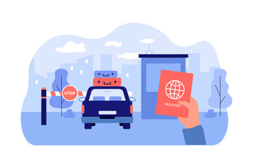 Hand with passport illustration, car with suitcase in front of border control post. Flat vector illustration. Border crossing, travelling, migration concept