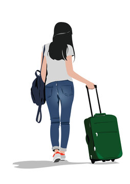 Young woman is walking  with suitcase.