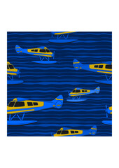 Editable Side View Pontoon Floating Plane Flying Over a Wavy Lake Vector Illustration as Seamless Pattern With Dark Background for Transportation or Recreation Related Design