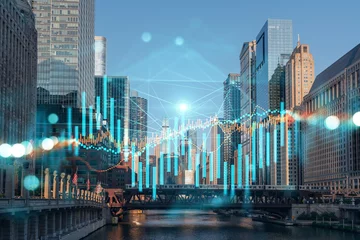 Rolgordijnen Skyscrapers Cityscape Downtown View, Chicago Skyline Buildings. Beautiful Real Estate. Day time. Forex Financial graph and chart hologram. Business education concept. © VideoFlow