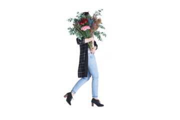 Walking, bouquet and woman with flowers, gift and floral with fresh plants isolated on a transparent background. Person, model and girl with a present, nature and png with florist and natural