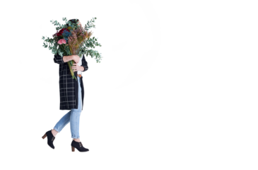 Woman, bouquet and walking with flowers for surprise isolated on transparent png background. Nature, gift or floral present with hidden girl for romantic celebration, plants and natural reward