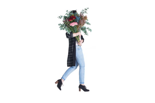 Walking, bouquet and woman with flowers, gift and floral with fresh plants isolated on a transparent background. Person, model and girl with a present, nature and png with florist and natural