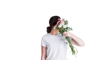 Cover, flowers and shy woman behind gift on isolated, transparent and png background. Rose, present and female model hiding with floral bouquet surprise for secret crush, romance or valentines day