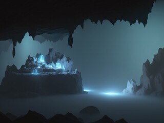 A cave with volumetric fog and glowing crystals
