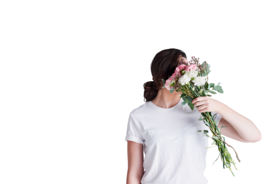Cover, flowers and shy woman behind gift on isolated, transparent and png background. Rose, present and female model hiding with floral bouquet surprise for secret crush, romance or valentines day - Powered by Adobe