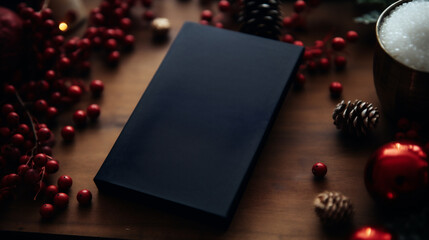Naklejka na ściany i meble Merry Christmas and Happy New Year. Blank notebook on a wooden background.
