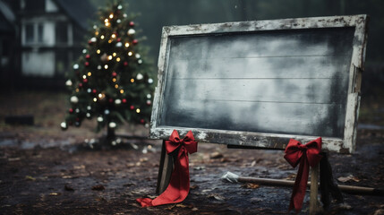 Obraz premium Blank blackboard with red ribbon and Christmas tree in the background