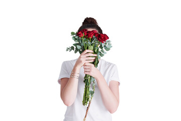 Woman with bunch of roses to cover face, isolated on transparent png background for love and surprise. Nature, flower bouquet gift and hidden girl with romantic celebration, floral present and reward