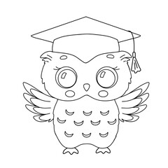 Cute little owl with student graduation hat. Vector outline sketch for childish coloring book. Baby bird for kids